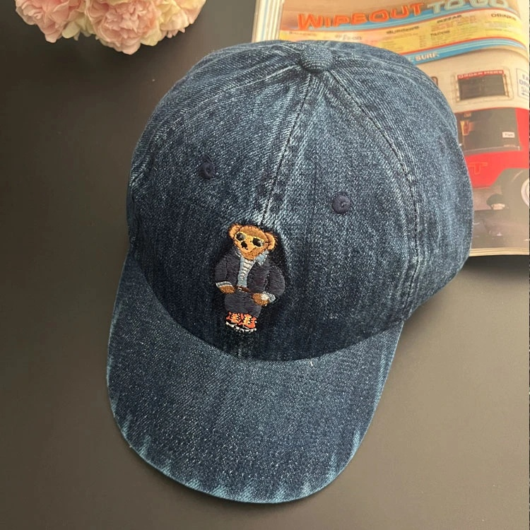 40430348 Denim Baseball Cap with Teddy Bear for Men and Women