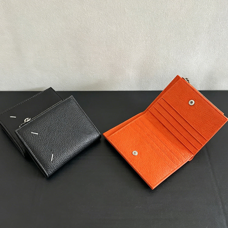 40635692 Genuine Cowhide Bifold Mini Wallet Multi Card Slots Leather Coin Purse Black Orange