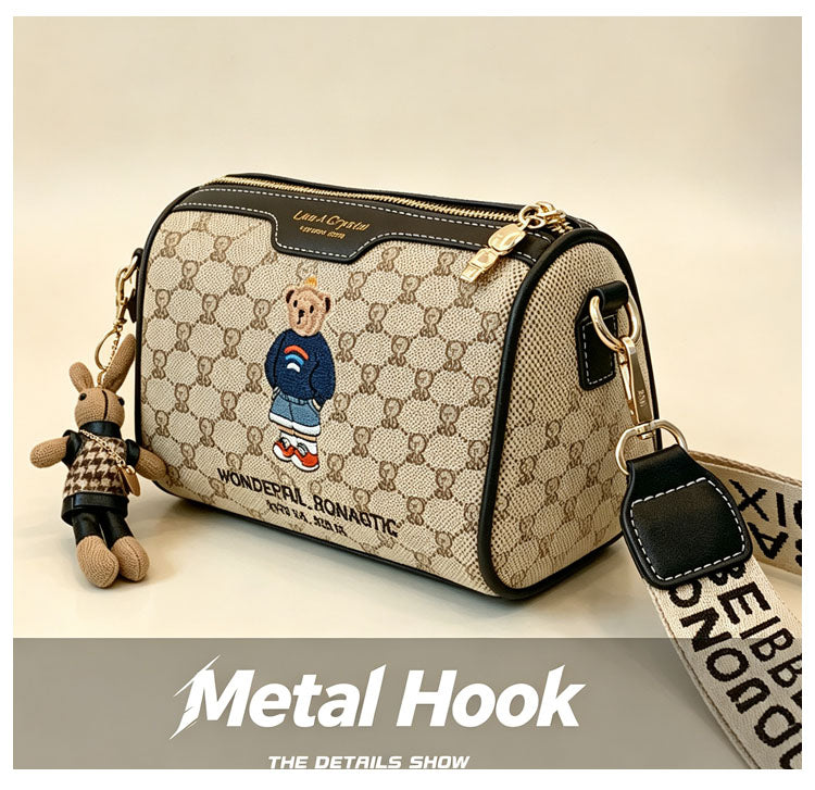 51156954 Mini Bear Print Pattern Crossbody Bag Wide Strap Small Cylinder Shoulder Handbag
