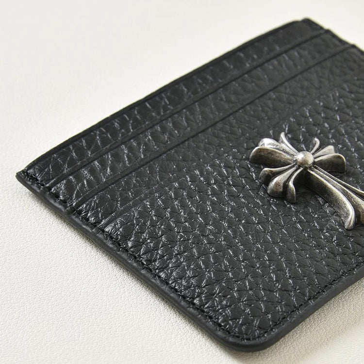 51170598 Black Pebble Leather Card Holder Silver Cross Metal Decor Slim Credit Card Wallet