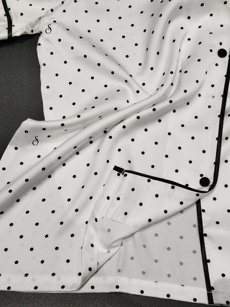 White Polka Dot Satin Pajama Set