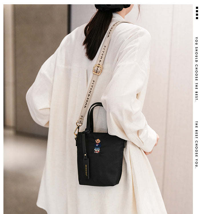 51170551 Mini Embroidery Bear Bucket Bag Top Handle Adjustable Strap Crossbody Shoulder Tote