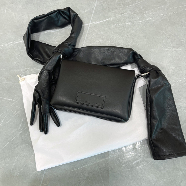51166200 Black Leather Glove Strap Shoulder Bag Embossed Logo Mini Crossbody Handbag