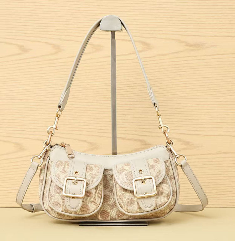 Vintage Buckle Baguette Shoulder Bag Retro Pattern Women’s Crossbody Underarm Handbag - 51262416