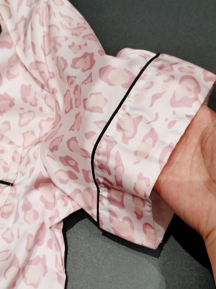Pink Leopard Print Satin Pajama Set