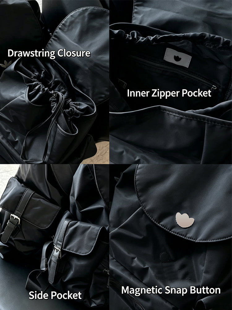 51166089 Black Drawstring Flap Backpack Embroidered Logo Multi Pocket Daily Travel Daypack