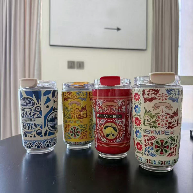 51357315 Vintage Patterned Glass Tumbler, Iced Coffee Cup with Bamboo Lid & Straw for Daily Drinks