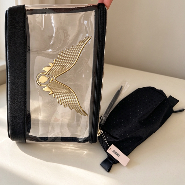 51379949 Clear PVC Makeup Bag with Gold Wing Logo, Black Rhinestone Cosmetic Pouch（2-Piece Set）