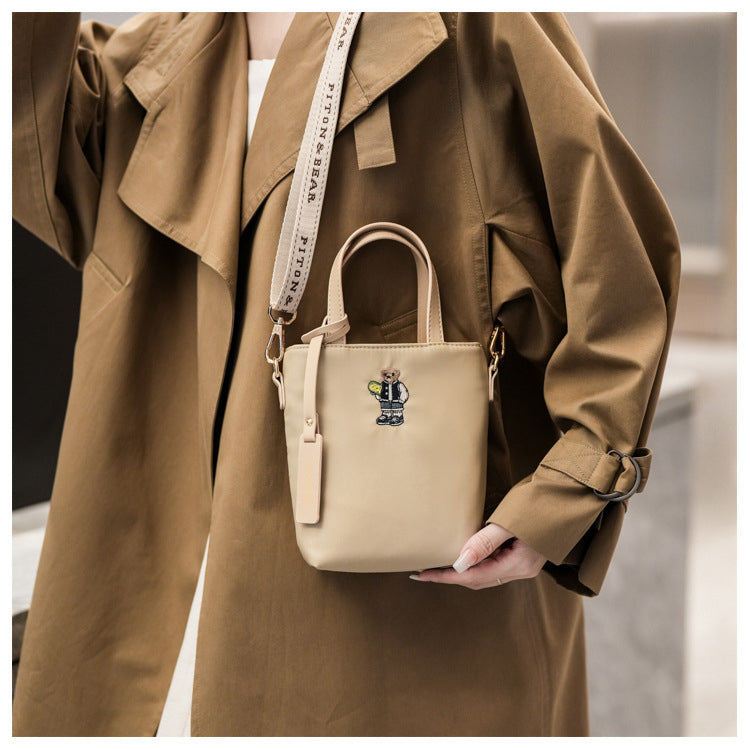 51170551 Mini Embroidery Bear Bucket Bag Top Handle Adjustable Strap Crossbody Shoulder Tote