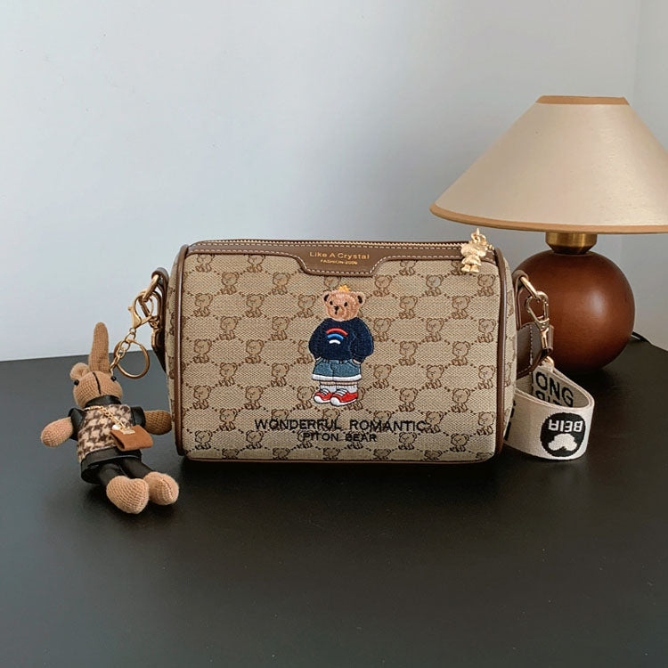 51156954 Mini Bear Print Pattern Crossbody Bag Wide Strap Small Cylinder Shoulder Handbag