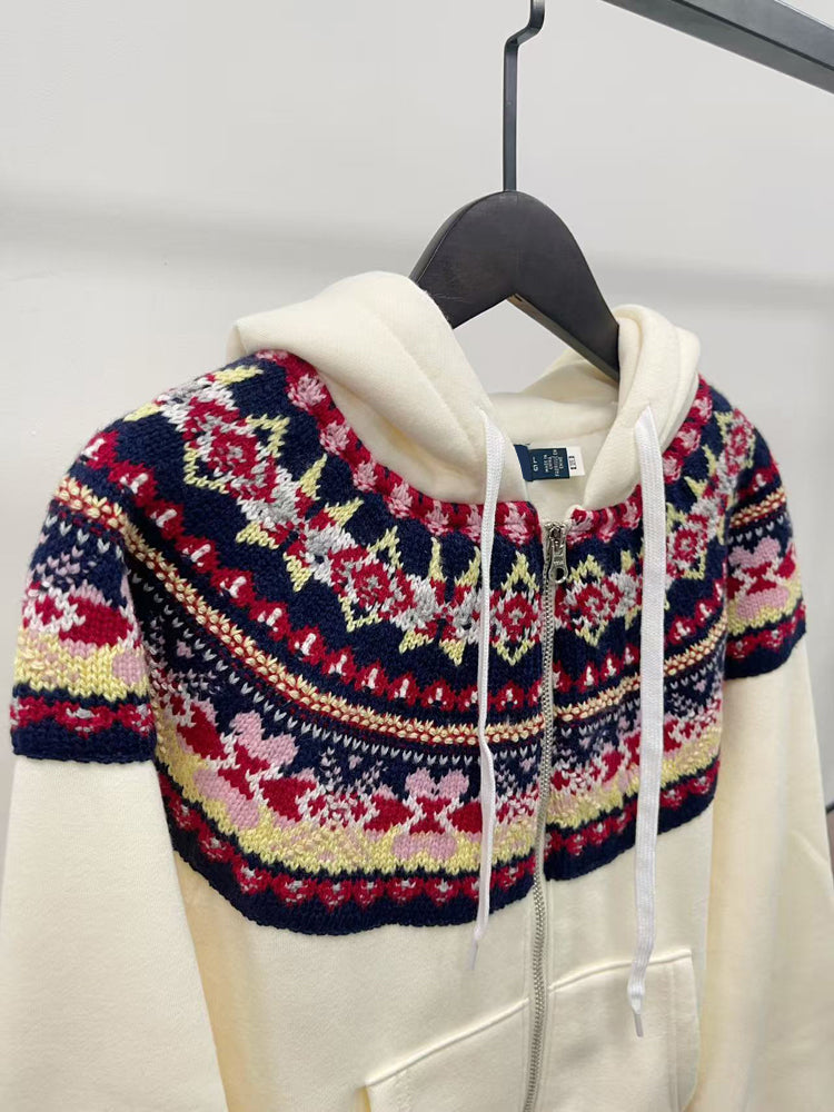 40823752 Women Fair Isle Pattern Zip Up Hoodie Vintage Knit Collar Long Sleeve Hooded Jacket