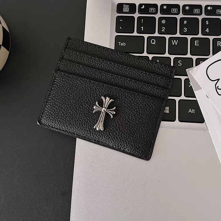51170598 Black Pebble Leather Card Holder Silver Cross Metal Decor Slim Credit Card Wallet