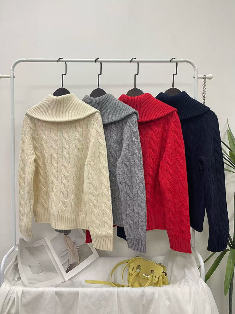 40762601 Cable Knit Zip‑Up Sweater Women Big Collar Full Zip Long Sleeve Knit Jacket