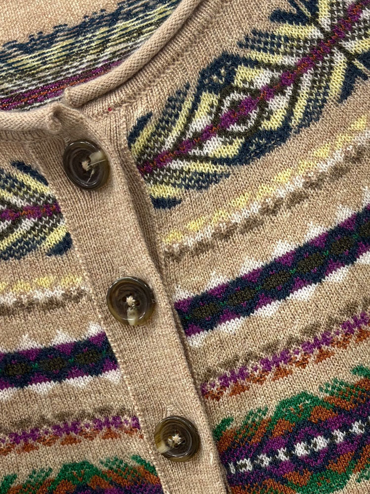 Women Vintage Fair Isle Pattern Knit Cardigan Long Sleeve Button Sweater - 40784324