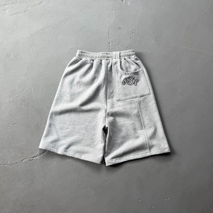 51152090 Graffiti Embroidered Grey Cotton Sweat Shorts Elastic Drawstring Casual Loose Gym Shorts