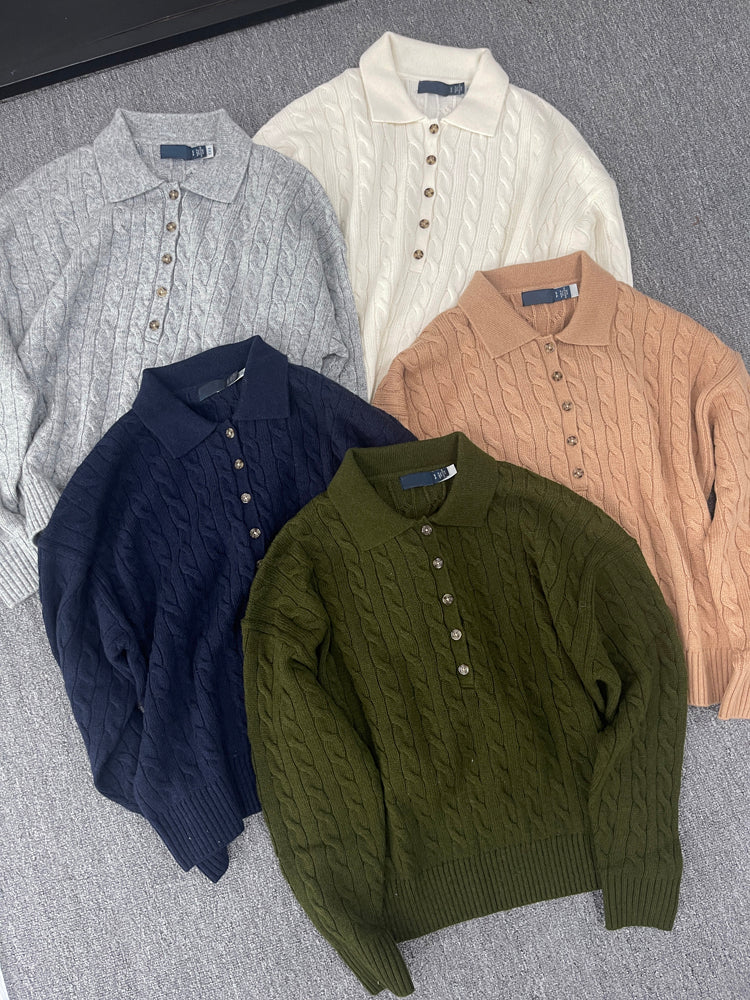 40823764 Women Cable Knit Polo Collar Sweater Long Sleeve Button Pullover Jumper