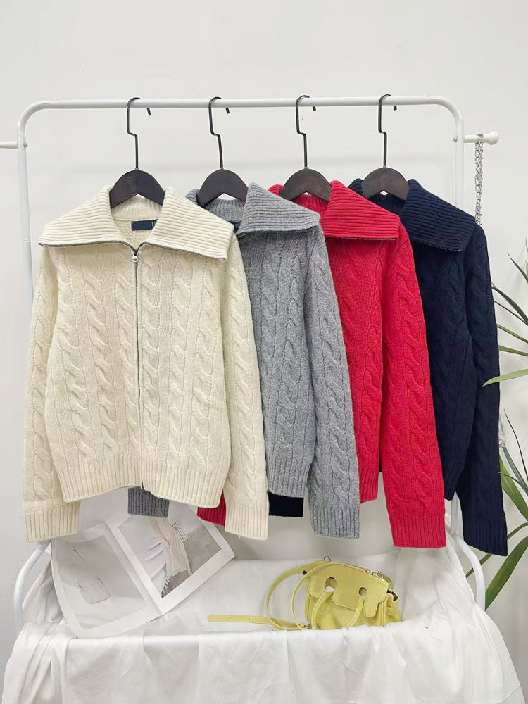 40762601 Cable Knit Zip‑Up Sweater Women Big Collar Full Zip Long Sleeve Knit Jacket