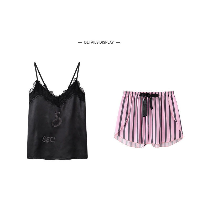 51194315 Women Striped Satin Pajama Set Lace Trim Robe Cami Top Shorts Long Pants Sleepwear