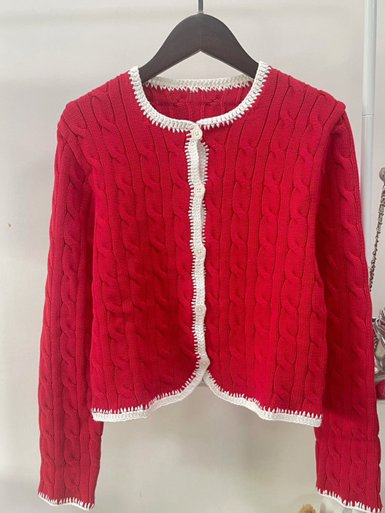 40762605 Cable Knit Cropped Cardigan Contrast Trim Button‑Up Long Sleeve Sweater