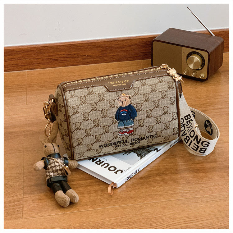 51156954 Mini Bear Print Pattern Crossbody Bag Wide Strap Small Cylinder Shoulder Handbag