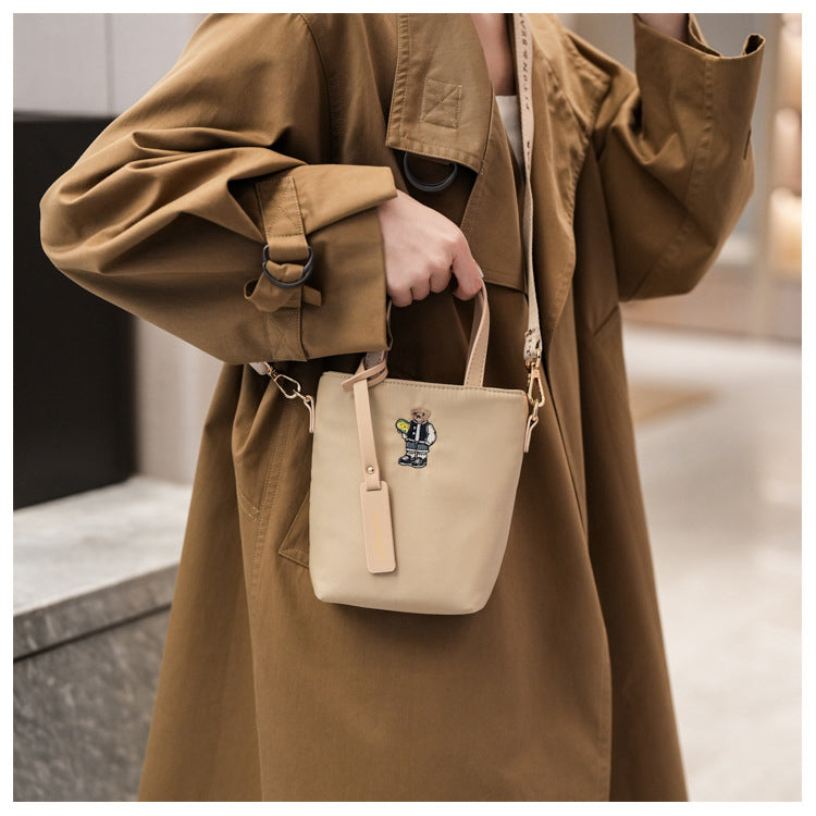 51170551 Mini Embroidery Bear Bucket Bag Top Handle Adjustable Strap Crossbody Shoulder Tote