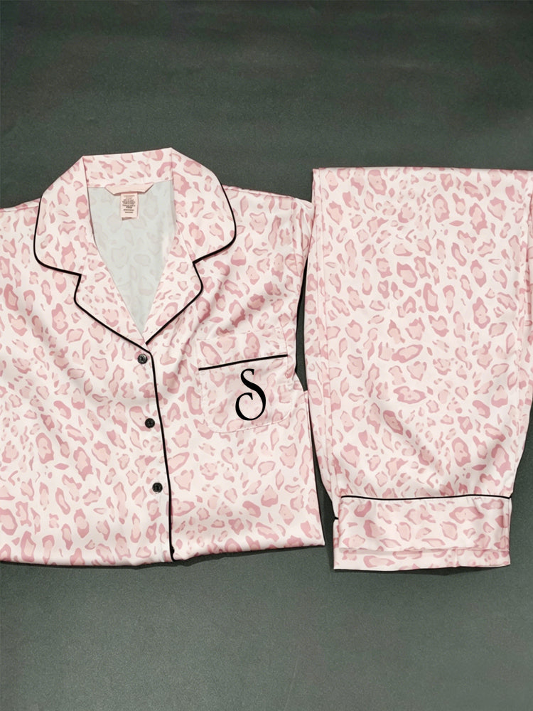 Pink Leopard Print Satin Pajama Set