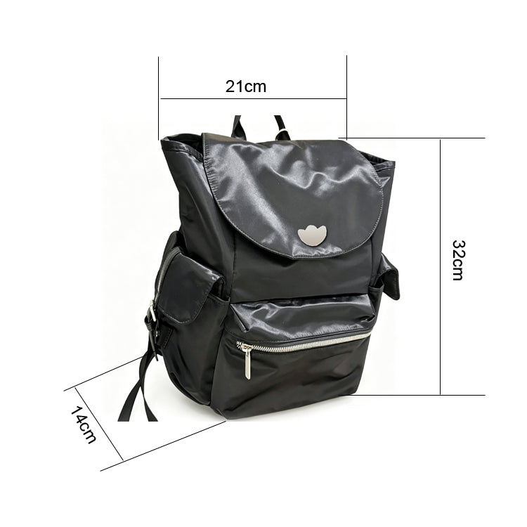 51166089 Black Drawstring Flap Backpack Embroidered Logo Multi Pocket Daily Travel Daypack