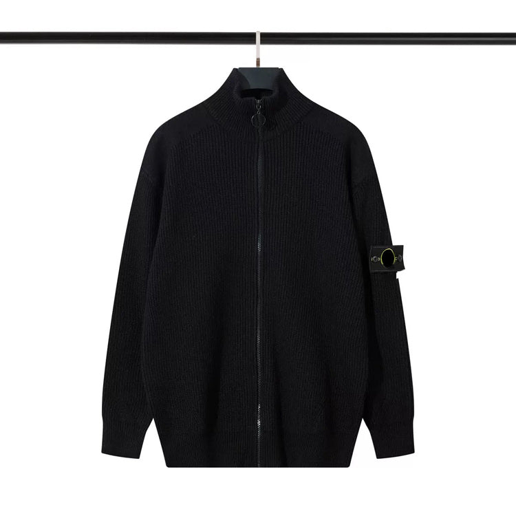 Men Stand Collar Zip‑Up Knit Sweater Loose Fit Ribbed Knitted Cardigan Jacket - 40781706
