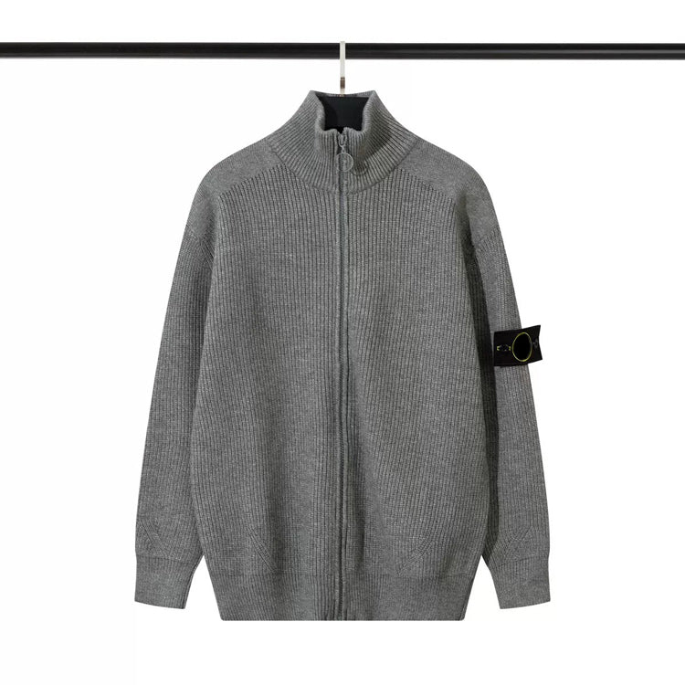 Men Stand Collar Zip‑Up Knit Sweater Loose Fit Ribbed Knitted Cardigan Jacket - 40781706