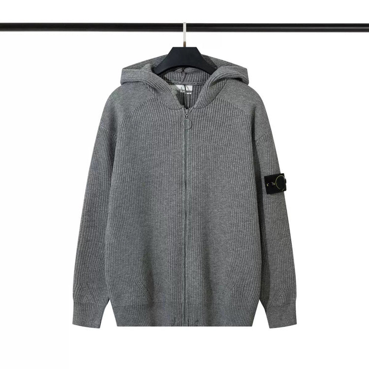 Men Stand Collar Zip‑Up Knit Sweater Loose Fit Ribbed Knitted Cardigan Jacket - 40781706