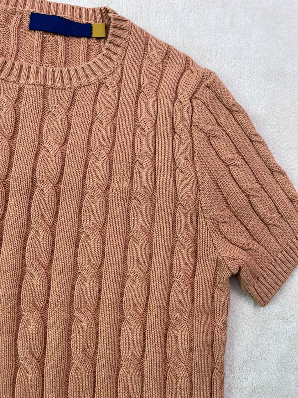 40218487 RL Cable-Knit Cotton Short-Sleeve Sweater Crew Neck Short Sleeve