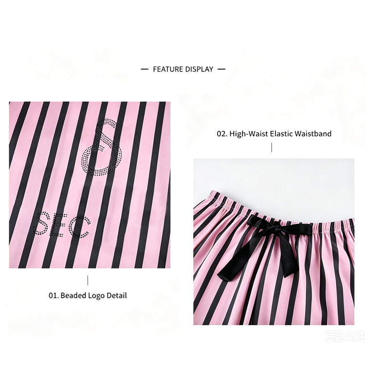 51194315 Women Striped Satin Pajama Set Lace Trim Robe Cami Top Shorts Long Pants Sleepwear