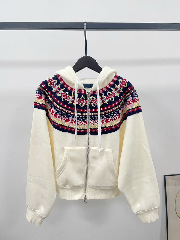 40823752 Women Fair Isle Pattern Zip Up Hoodie Vintage Knit Collar Long Sleeve Hooded Jacket