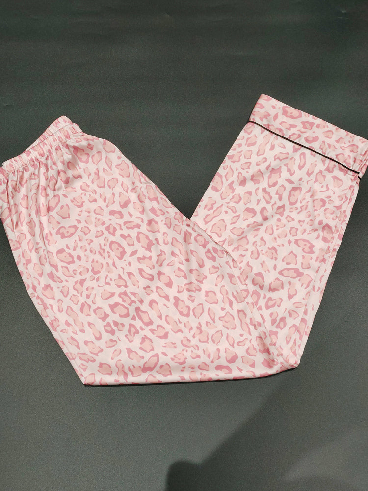 Pink Leopard Print Satin Pajama Set