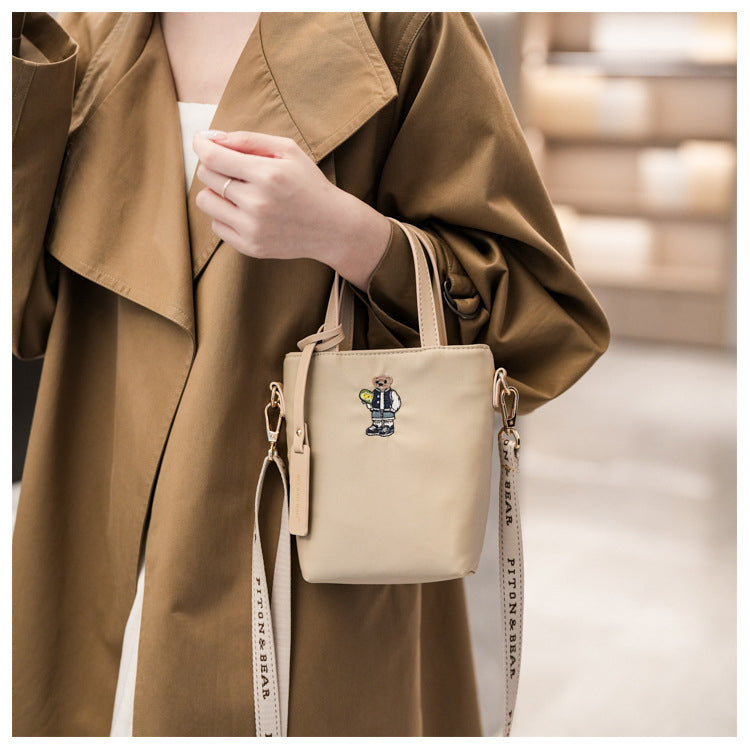 51170551 Mini Embroidery Bear Bucket Bag Top Handle Adjustable Strap Crossbody Shoulder Tote
