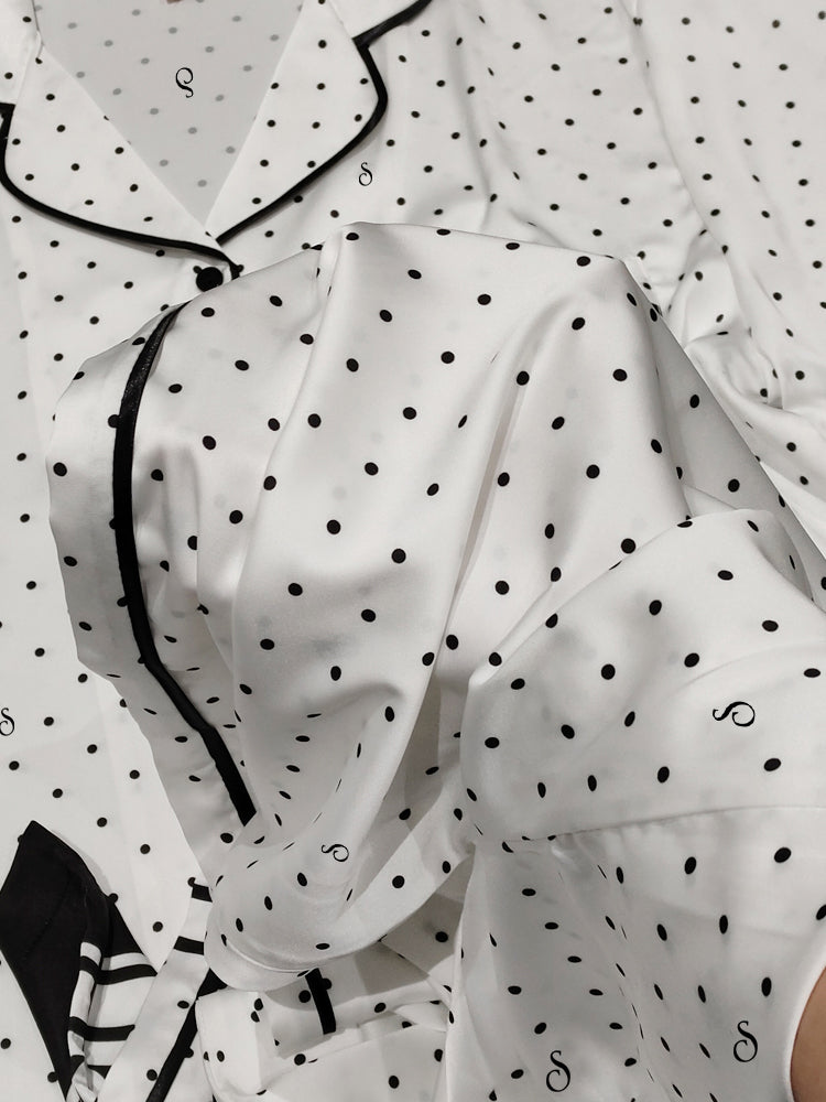 White Polka Dot Satin Pajama Set