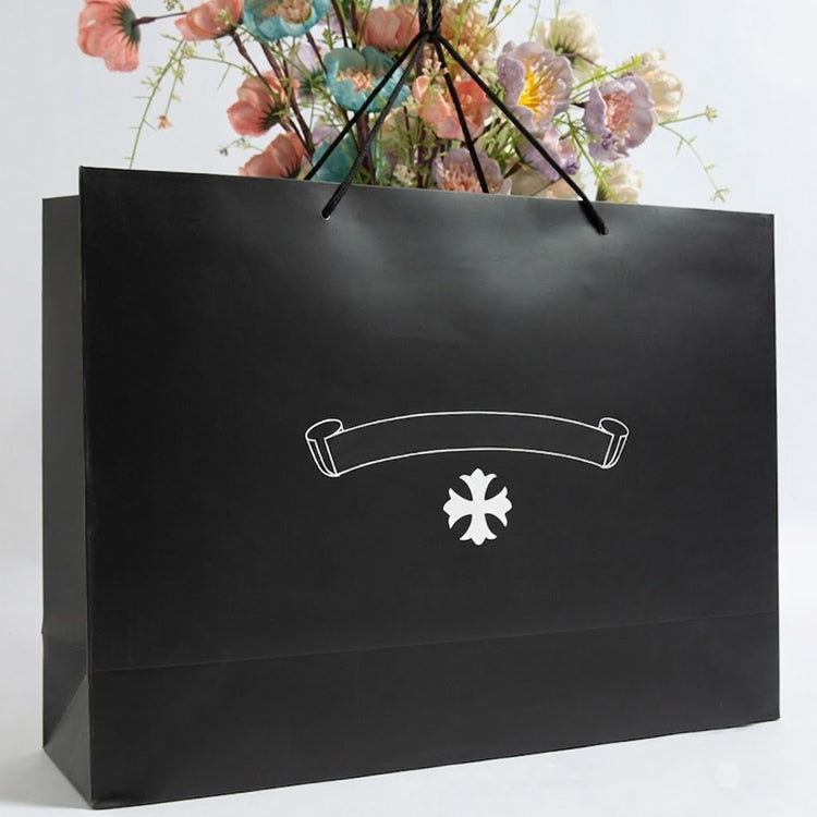 51180844 Black Paper Gift Shopping Bag White Cross Logo Printed Handheld Packaging Tote Bag