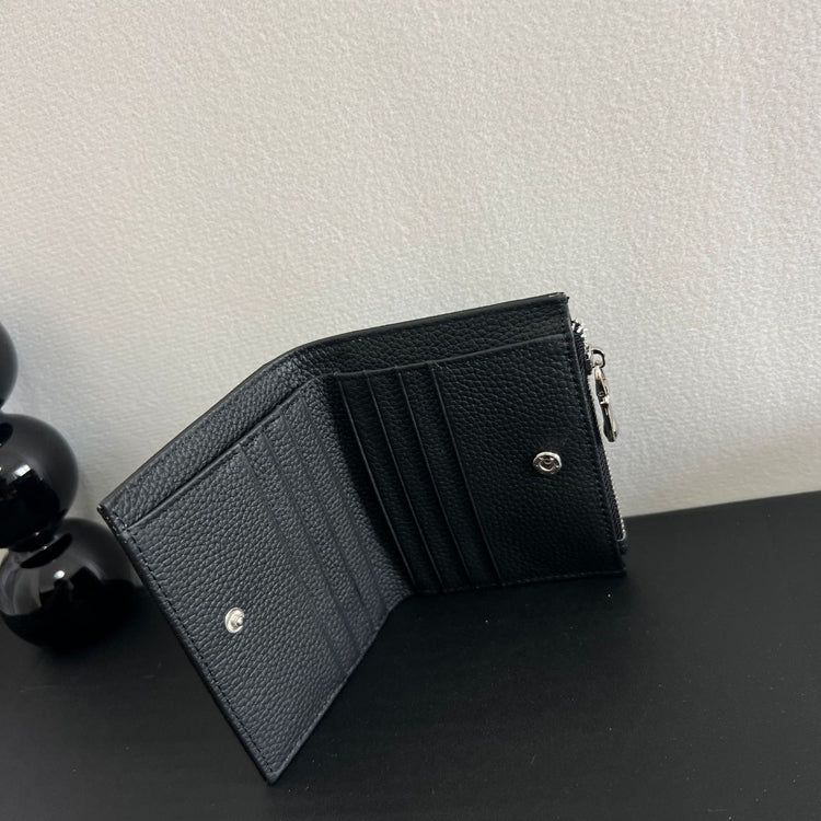 40635692 Genuine Cowhide Bifold Mini Wallet Multi Card Slots Leather Coin Purse Black Orange