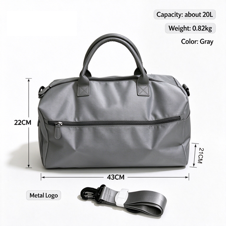 51371277 Gray Nylon Duffle Bag, Weekender Overnight Travel Bag with Strap