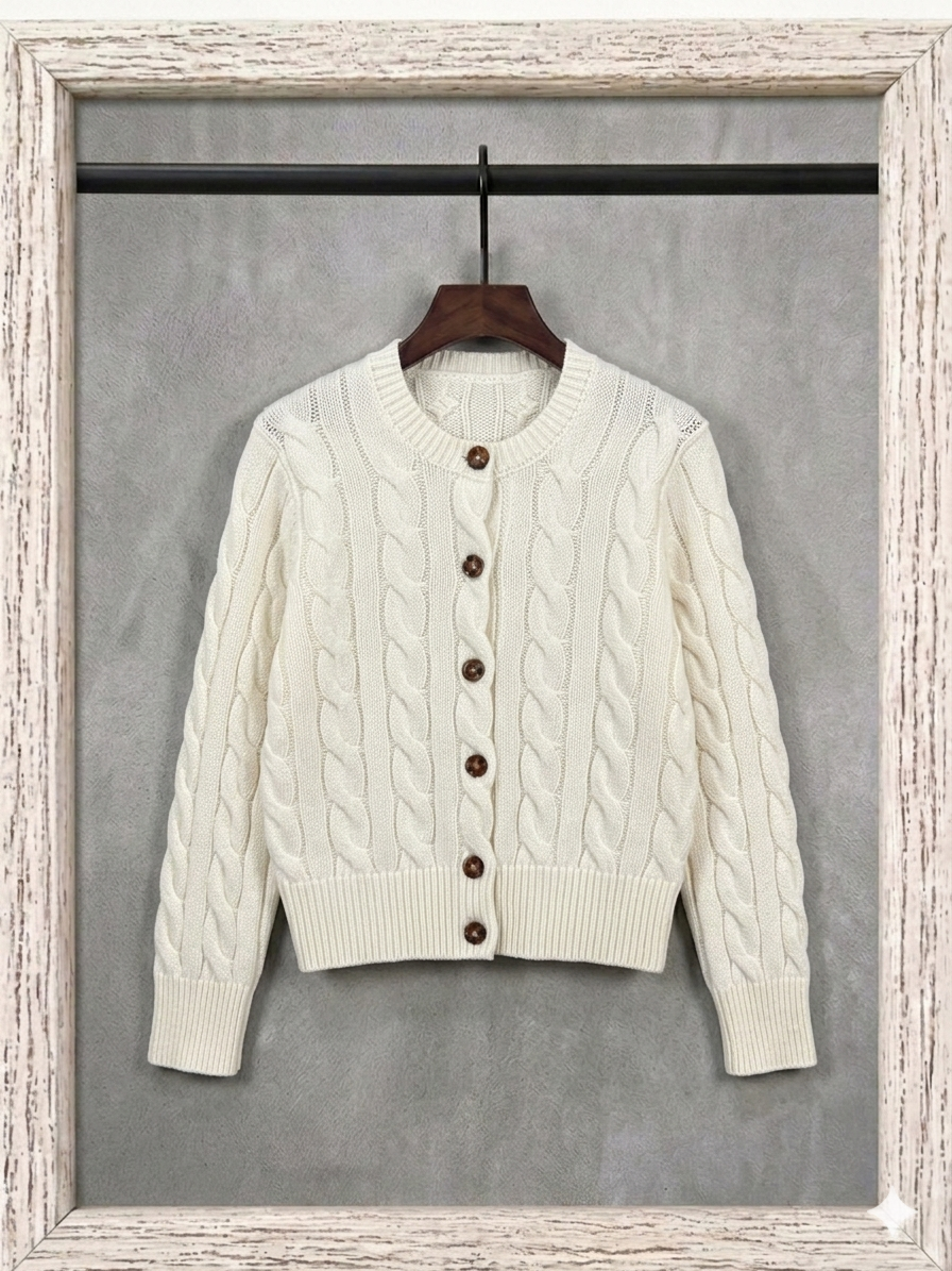 39448799 Cardigan in Natural Cable-knit Wool and Cashmere Cardigan