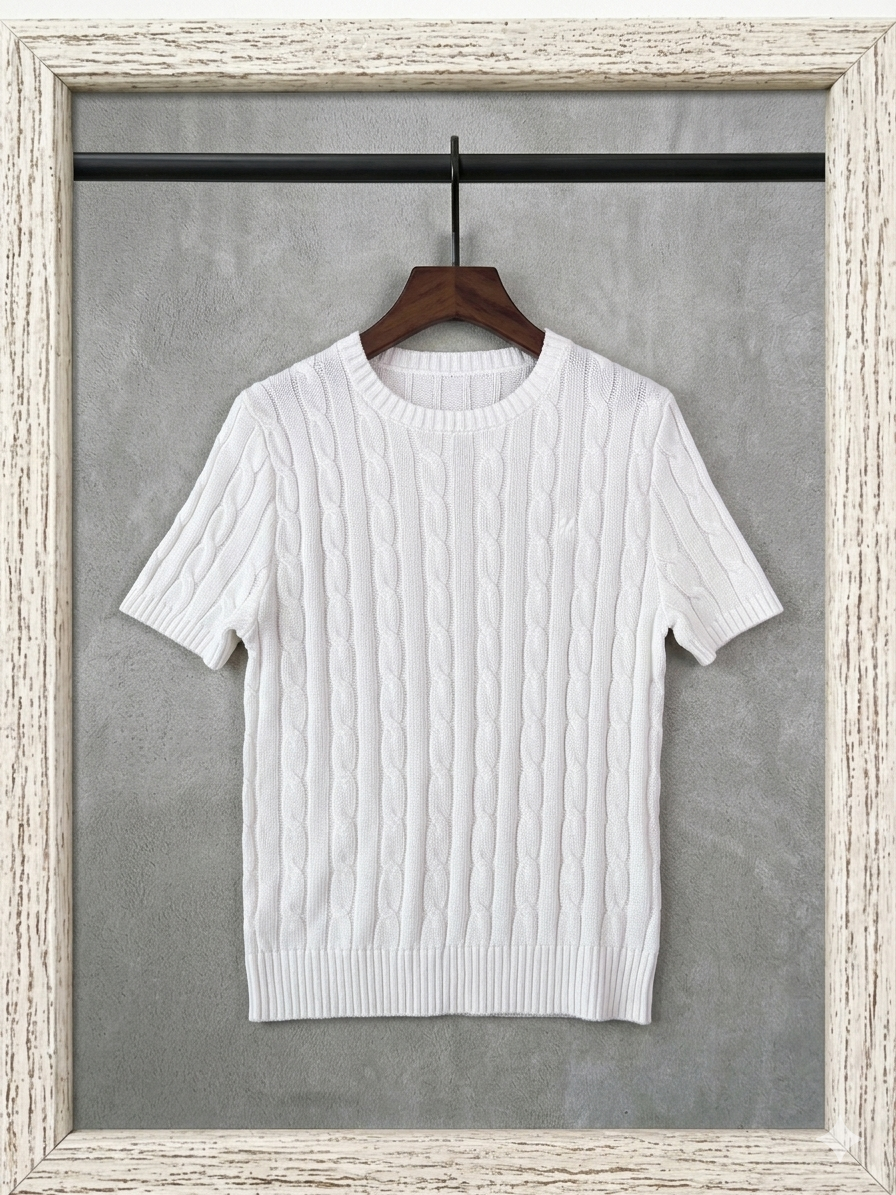 40218487 RL Cable-Knit Cotton Short-Sleeve Sweater Crew Neck Short Sleeve
