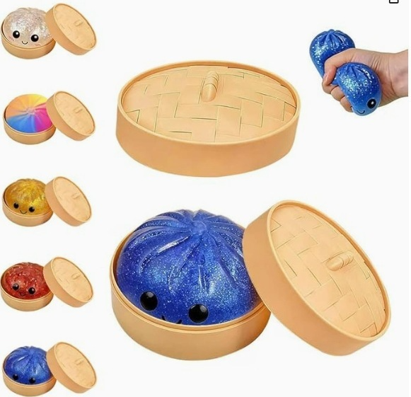 Glitter Steamed Bun Squeeze Toy Cute Dumpling Stress Relief Squishy Fidget Toy With Bamboo Tray