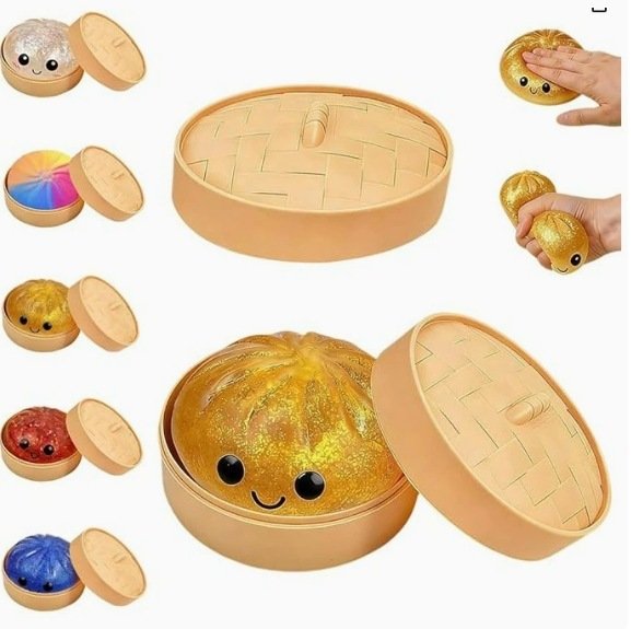 Glitter Steamed Bun Squeeze Toy Cute Dumpling Stress Relief Squishy Fidget Toy With Bamboo Tray