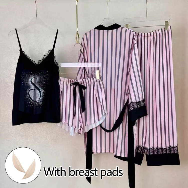 Women Striped Satin Pajama Set 4‑Pieces Lingerie Sleepwear Robe Cami Nightwear（NOLABBEL） - 40803334