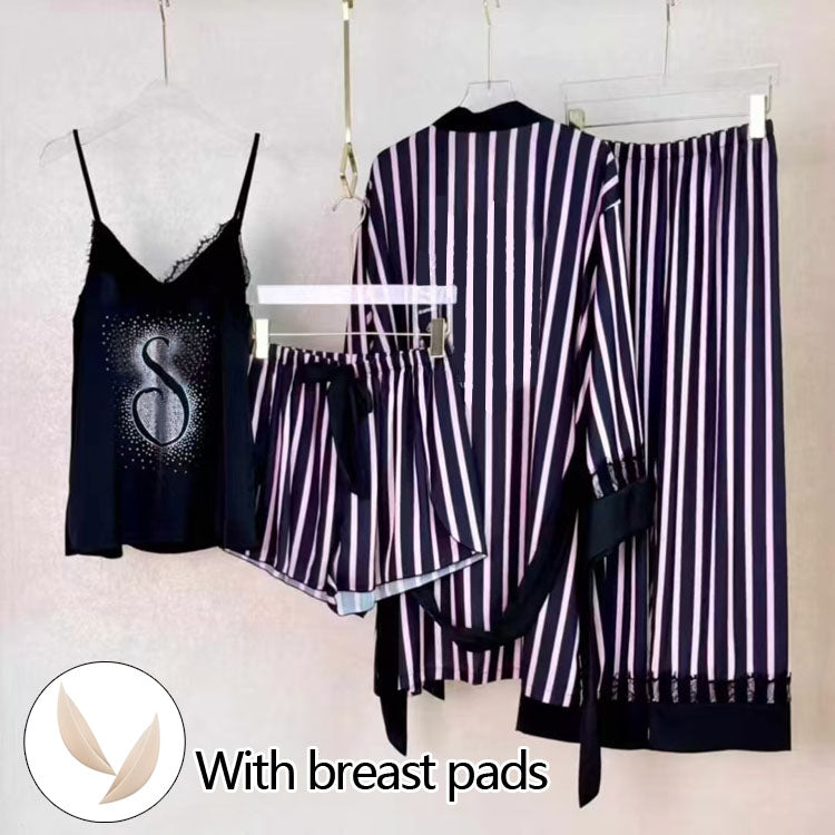 Women Striped Satin Pajama Set 4‑Pieces Lingerie Sleepwear Robe Cami Nightwear（NOLABBEL） - 40803334