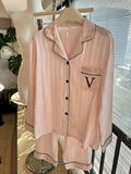 40452435 New pink striped pajamas for women, ice silk loungewear