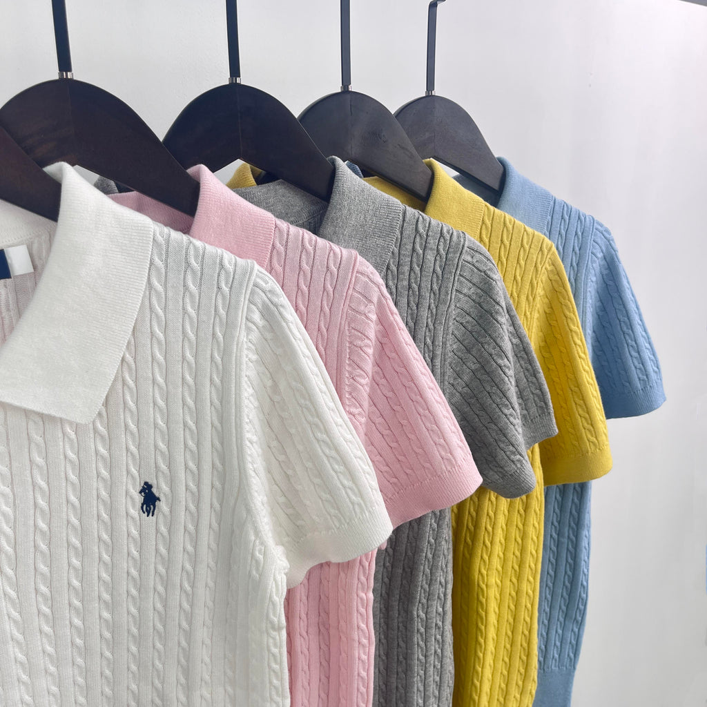 39613591 Women's Mini-Cable Cotton Polo Sweater - Short Sleeve Knit Top