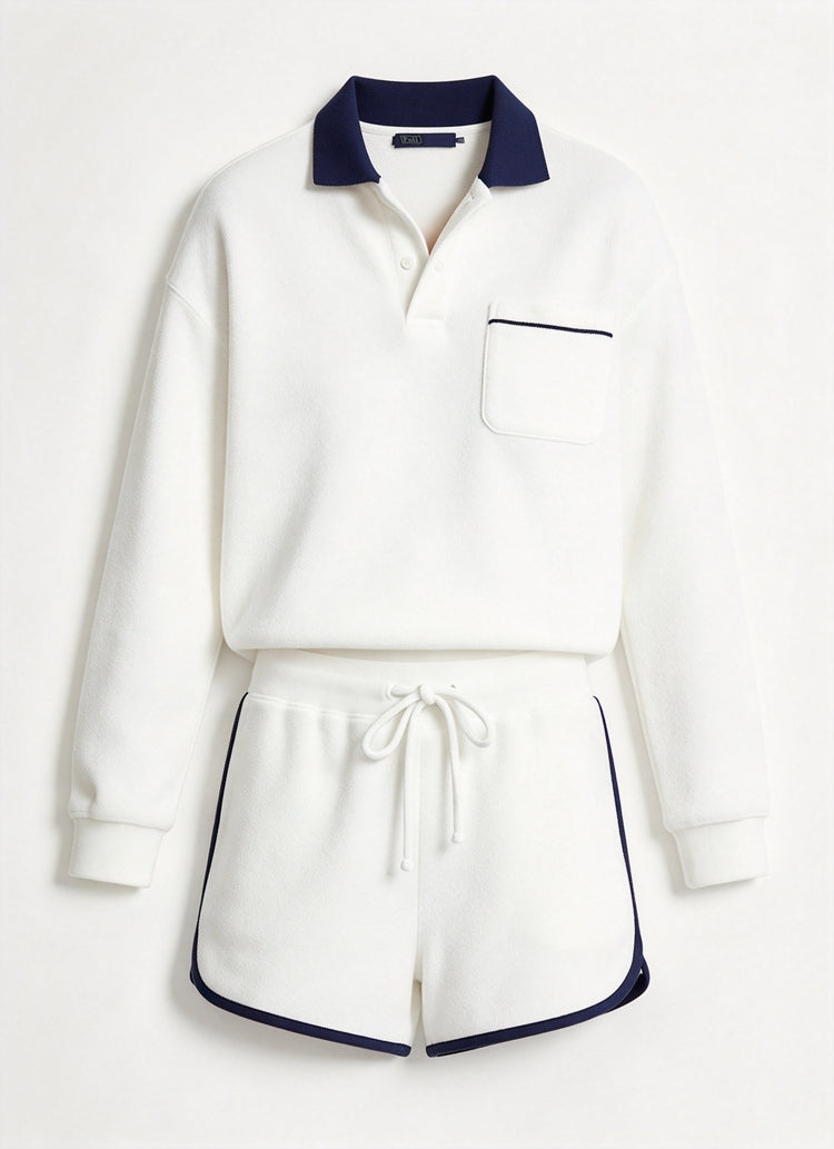 51341649 Women 2 Piece Outfit Set Polo Long Sleeve Top and Striped Drawstring Shorts Tracksuit