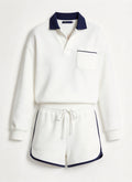 51341649 Women 2 Piece Outfit Set Polo Long Sleeve Top and Striped Drawstring Shorts Tracksuit