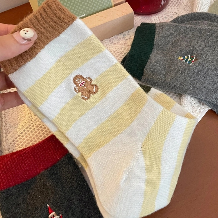 New Christmas wool socks, mid-calf striped women's socks